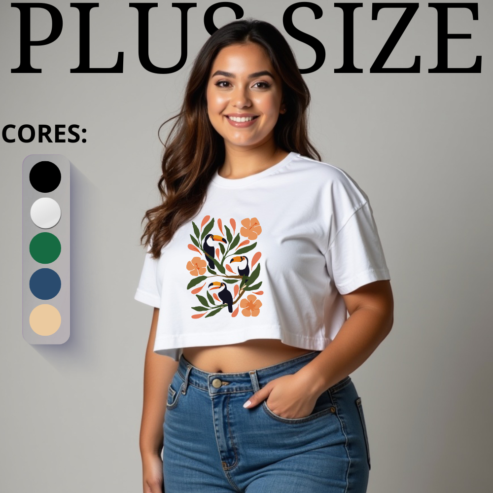 Cropped Plus Size estampa Tucanos Florestais Blusa Plus Size 100% Algodão T Shirt Feminina