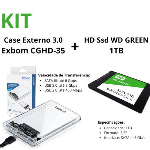 Hd Ssd 1TB Western Digital + Case Externo 3.0 Exbom CGHD-35