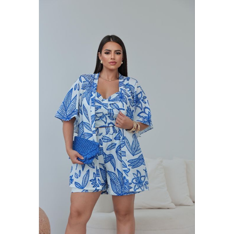 Conjunto Kimono Estampado Verão Feminino 3 Peças Cropped Short Verde Azul Elegante e Confortável