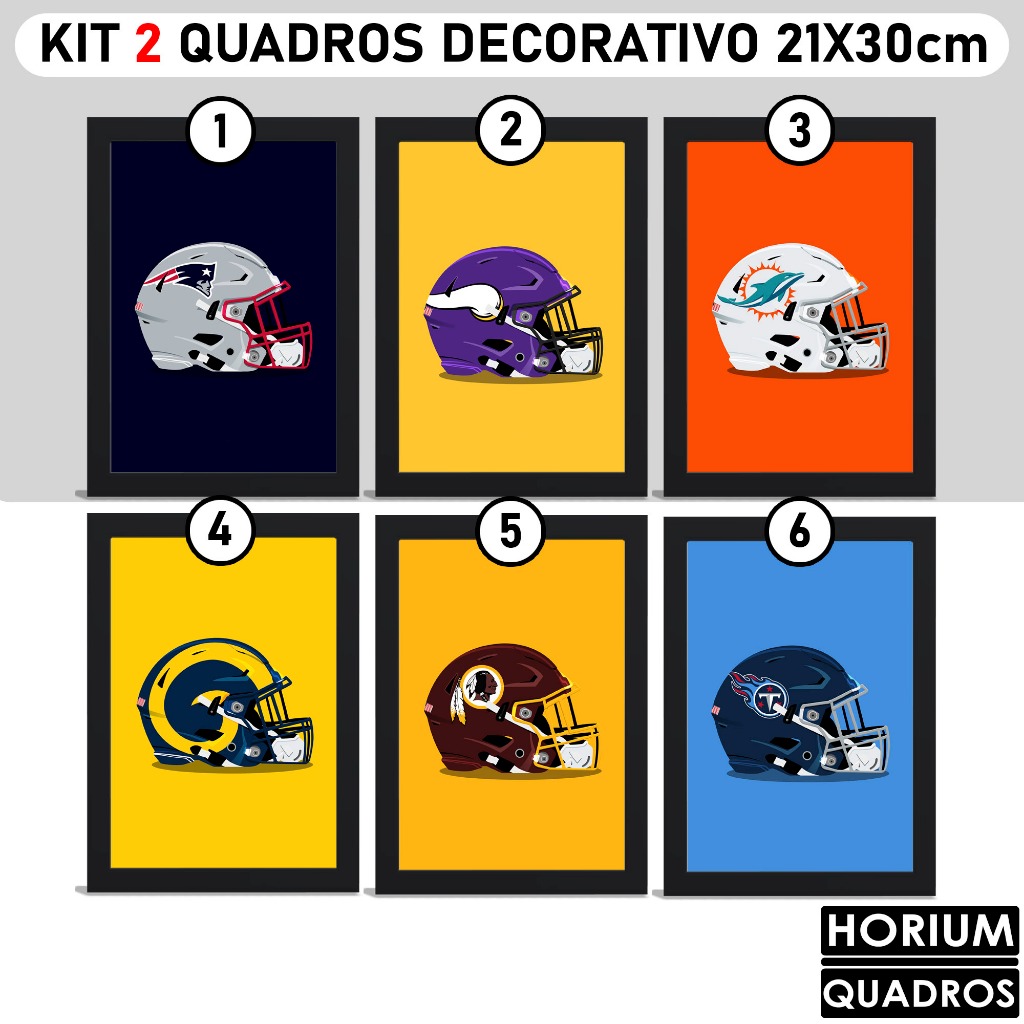 KIT 2 Quadros decorativo FUTEBOL AMERICANO NFLL  Tamanho A4 21cm X 30cm Capacete Futebol Americano NFL Pack 02