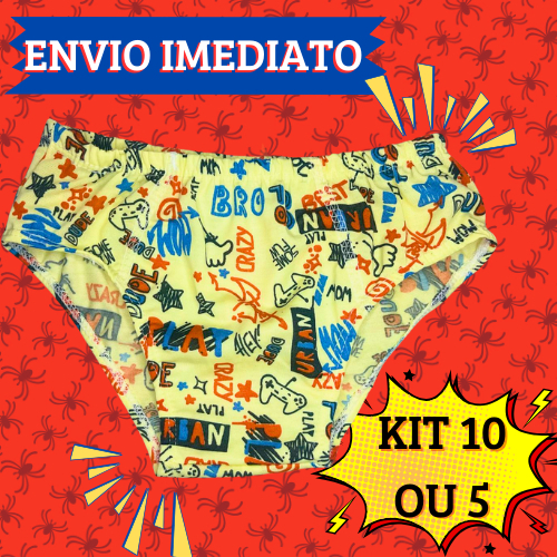 Kit 5 ou 10 Cuecas Slip Infantil Menino com Forro 100% Algodão Estampa Variadas Tapa Fralda