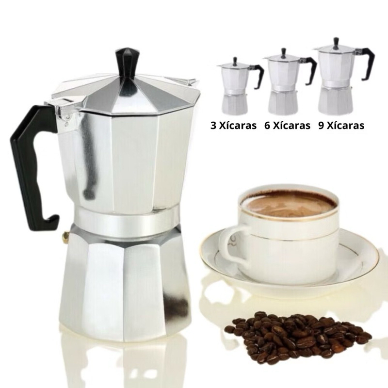 Imagem Cafeteira Italiana de Alumínio Café Expresso 6, 9,12 Xícaras Cafeteira Italiana Moka Express Aço