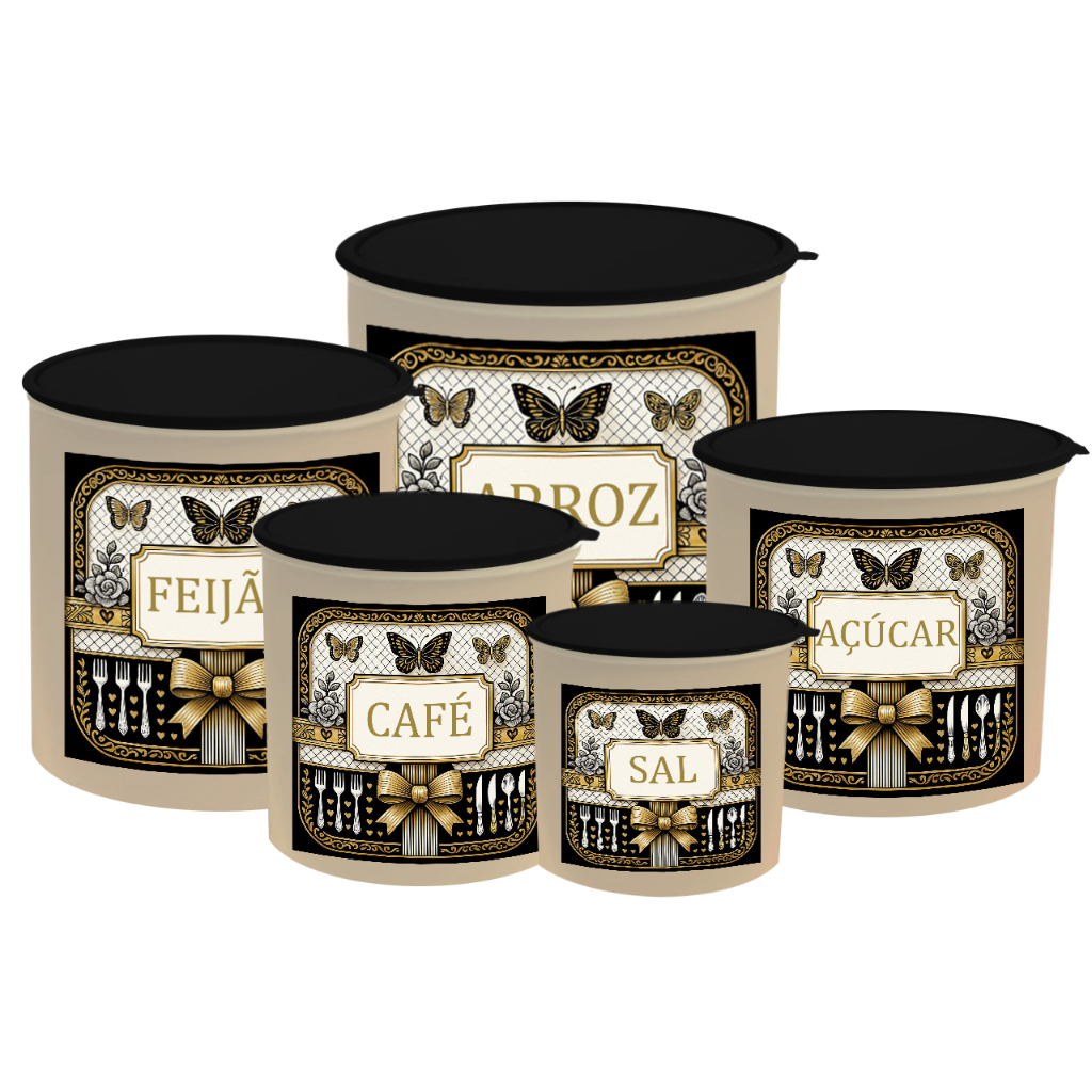 Kit de Potes 5 Peças Porta Mantimentos Decorados para Cozinha Moderna e Organizada