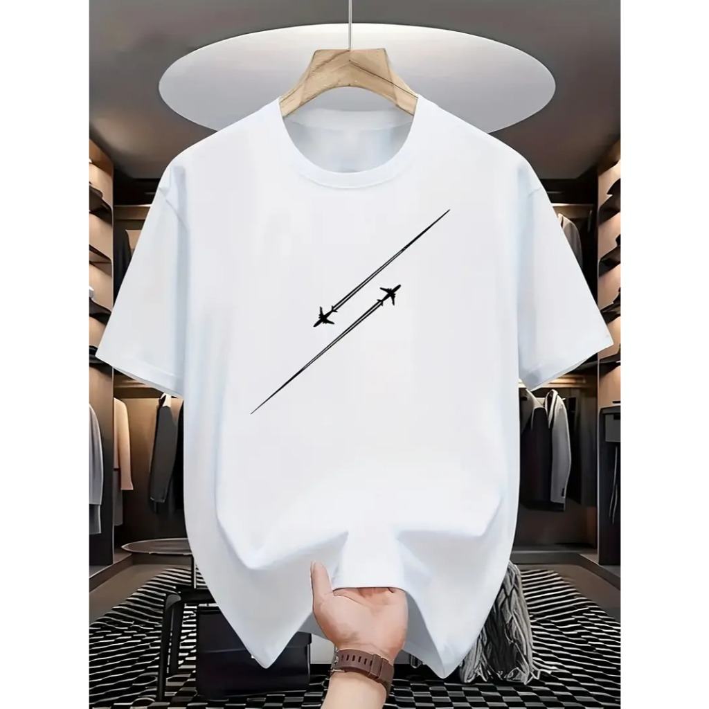 Camiseta Casual Masculina com Estampa Gráfica - Camiseta Branca de Gola Redonda com Estampa Geométrica Preta, Mangas Cur
