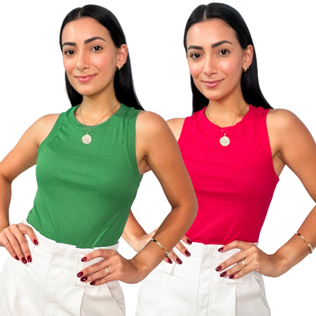 Kit 2 Regatas Feminina Canelada Lisa Gola Redonda Blusinha Básica
