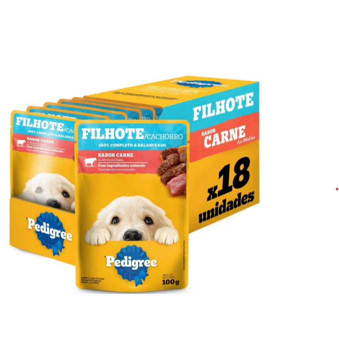 Kit com 18un Ração Úmida Pedigree Sachê Carne Cães Filhotes 100g