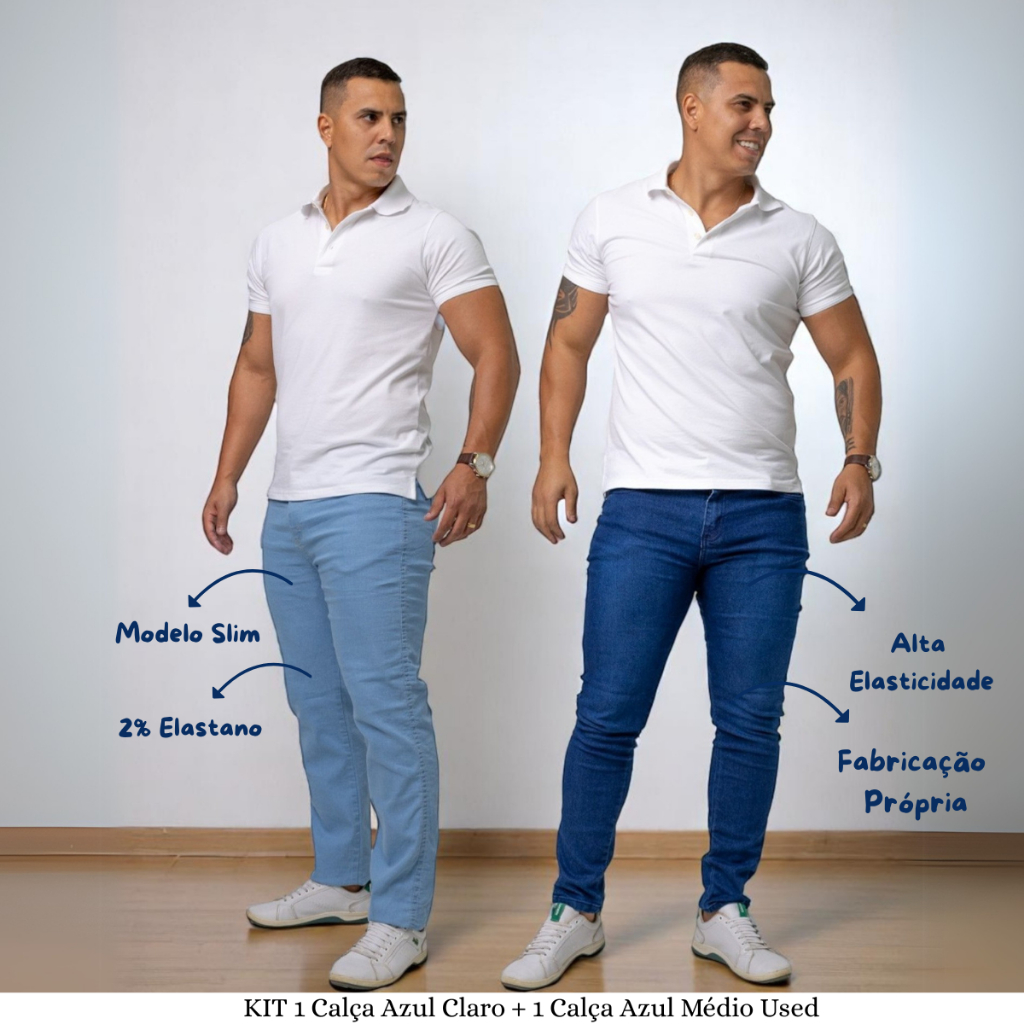 KIT 2 Calça Masculina Jeans Slim 1 AZUL CLARO e 1 AZUL USED C/ Elasticidade - Lycra Elastano