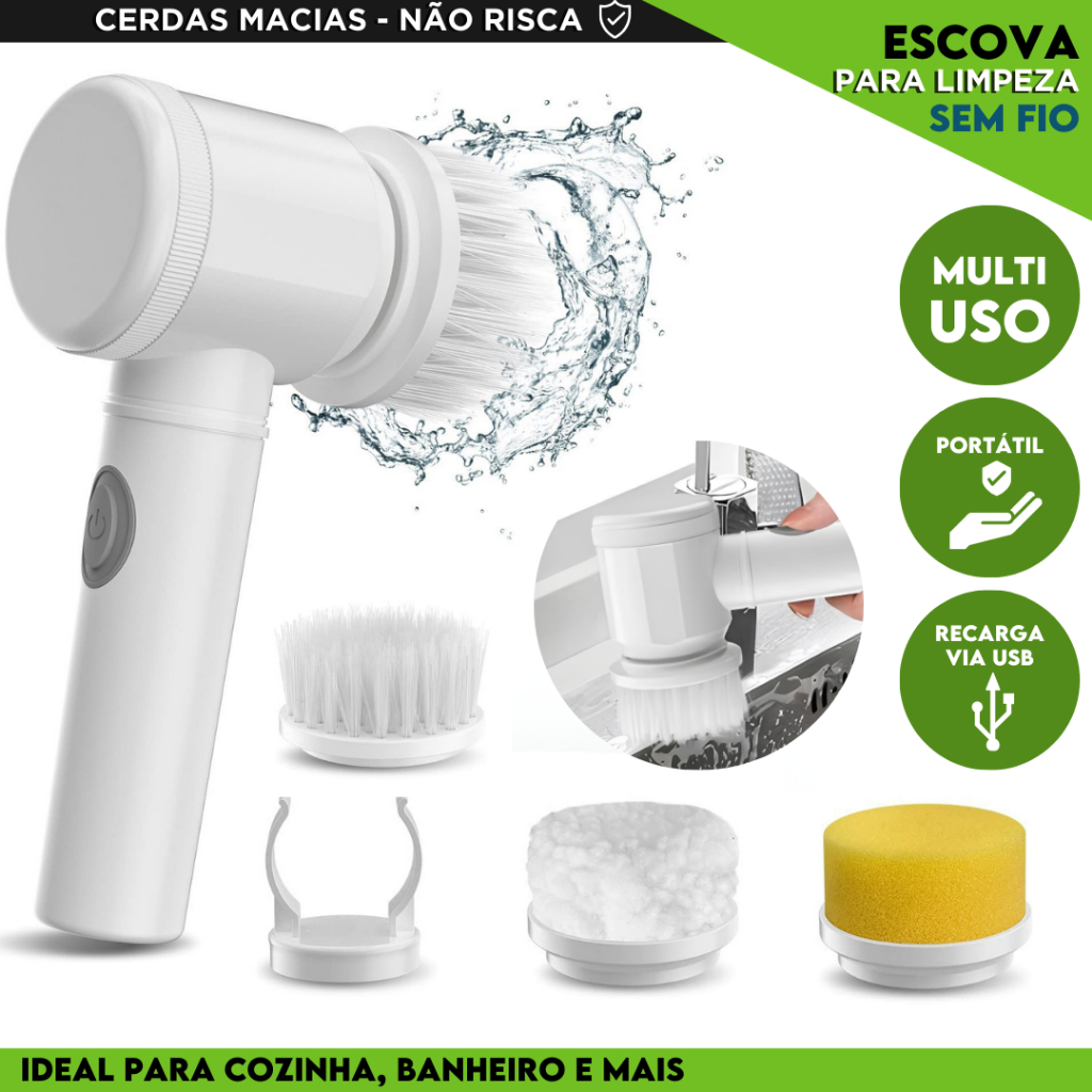 Escova Elétrica de Limpeza Sem Fio - Ideal para Limpeza Pesada, Delicada e Uso Geral - MN