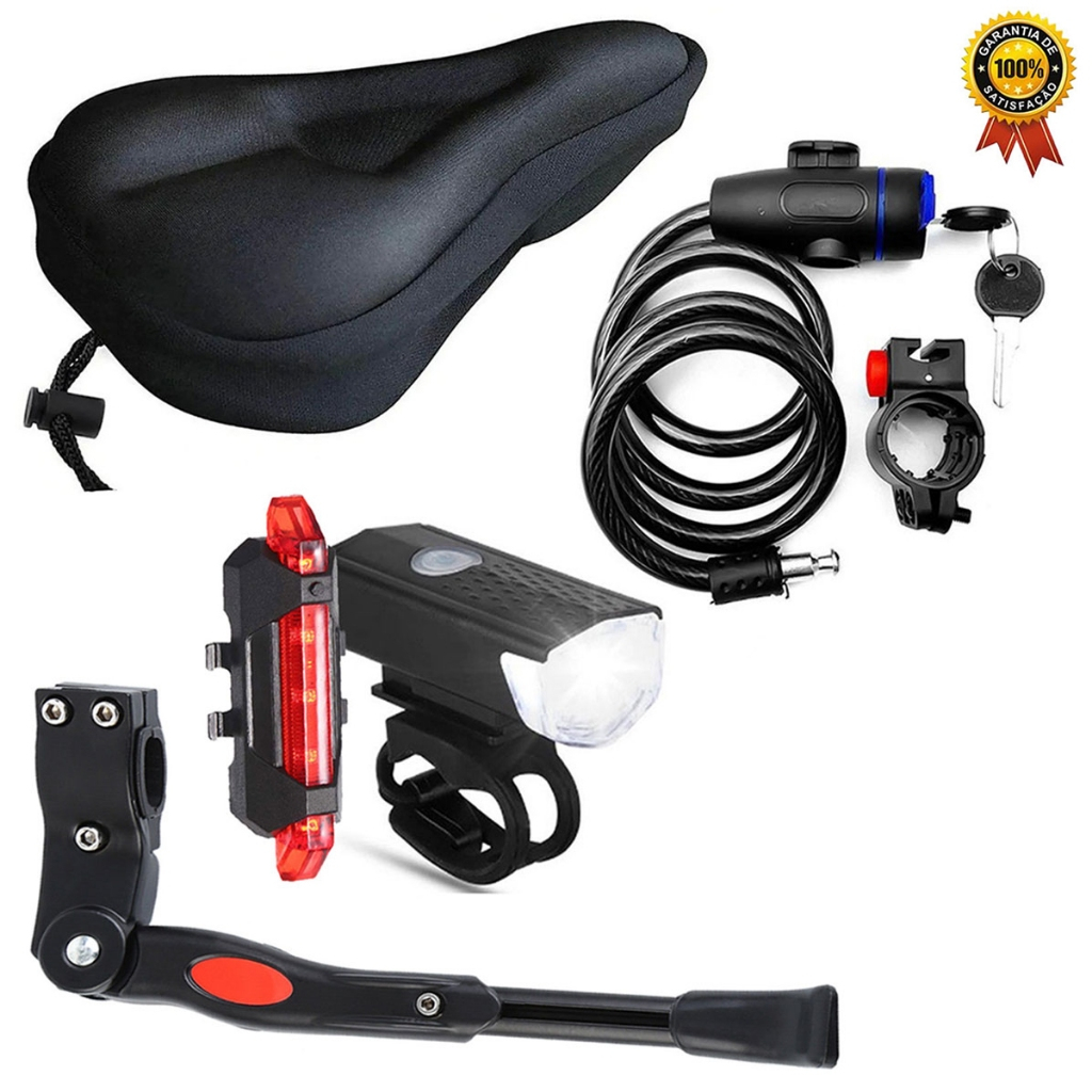 Kit Pezinho Lateral Aro 20 29 + Farol De Bicicleta Frente Sinalizador Tras + Capa De Banco Bike Mtb