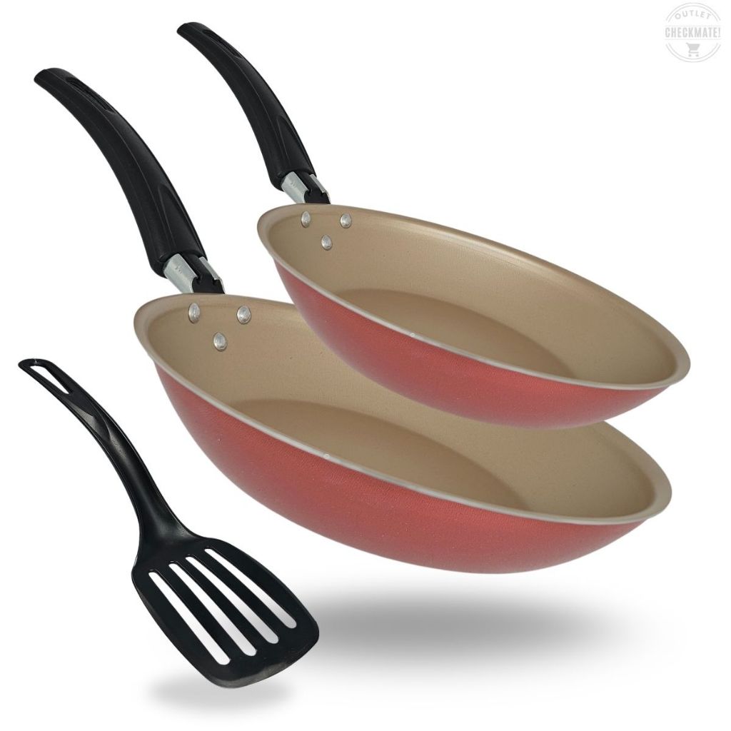 Kit Frigideiras 2 Peças Tamanho 18 e 20 cm Antiaderente Com 5 Camadas De Teflon Cor Cereja e Dourado