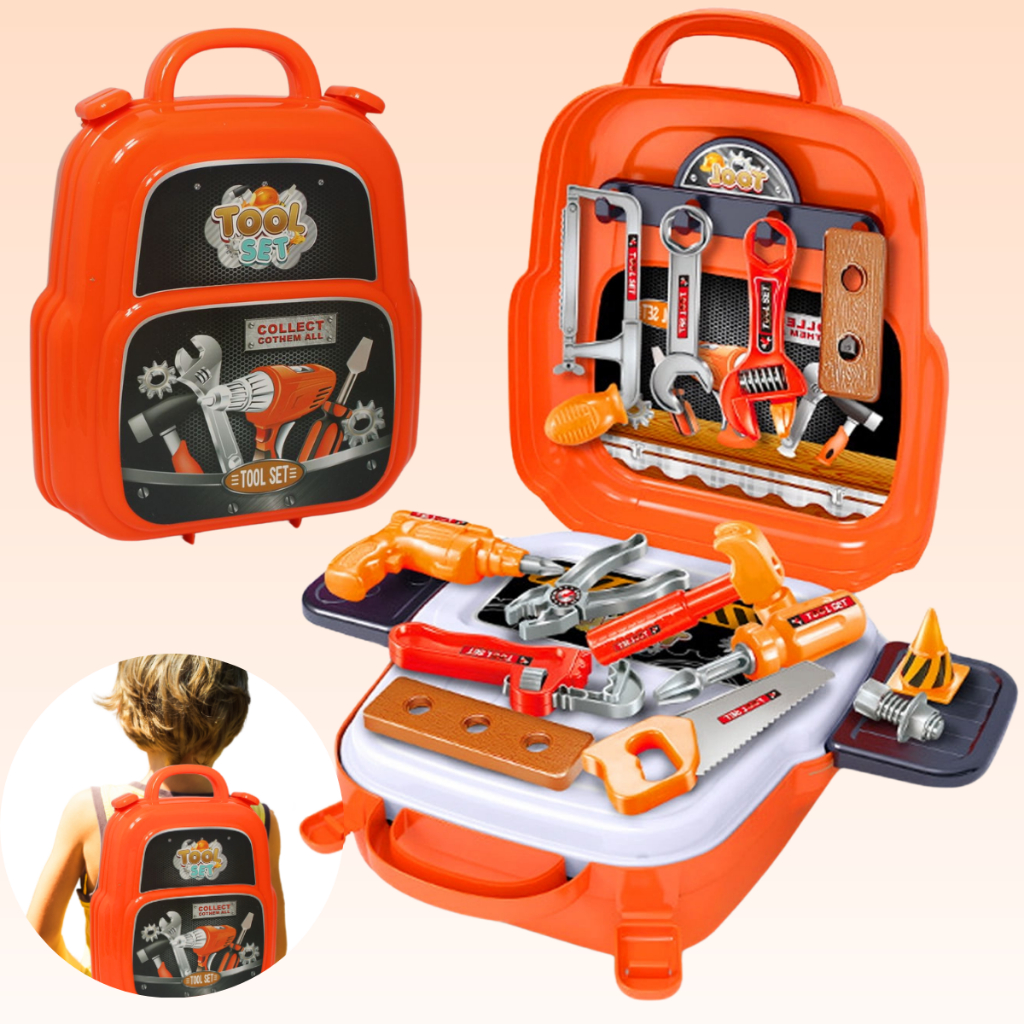 Kit Maleta De Ferramentas Oficina Infantil Vira Mochila 22pç