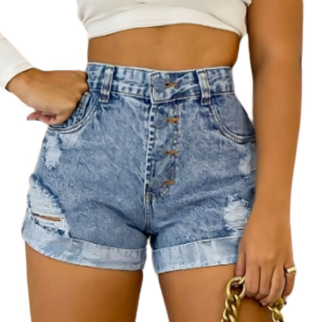 Short Cintura Alta Feminino Jeans Barra Dobrada Hot Pants