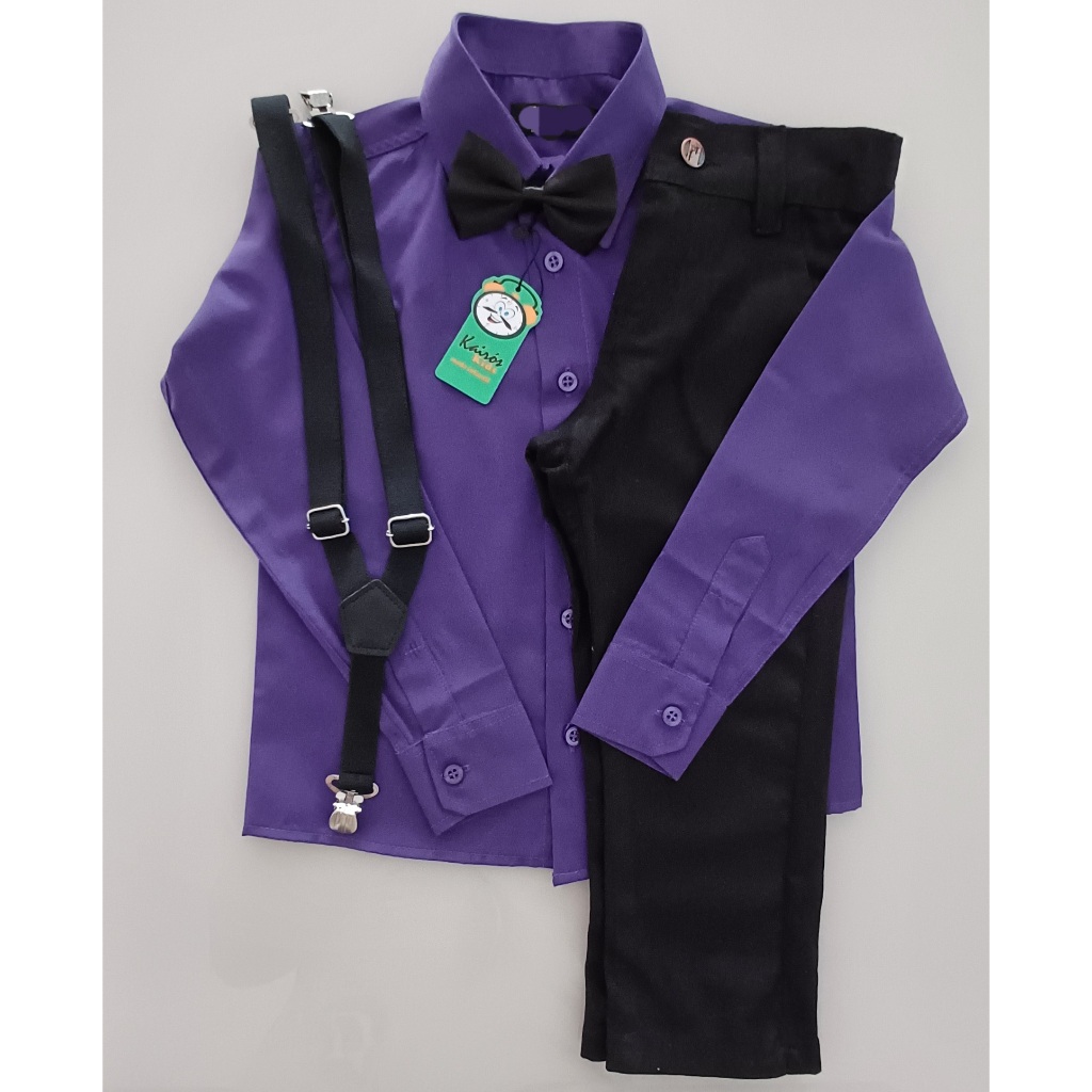 Conjunto Social Camisa Manga Longa Roxa e Azul Royal Com Calça Suspensório e Gravata Preto
