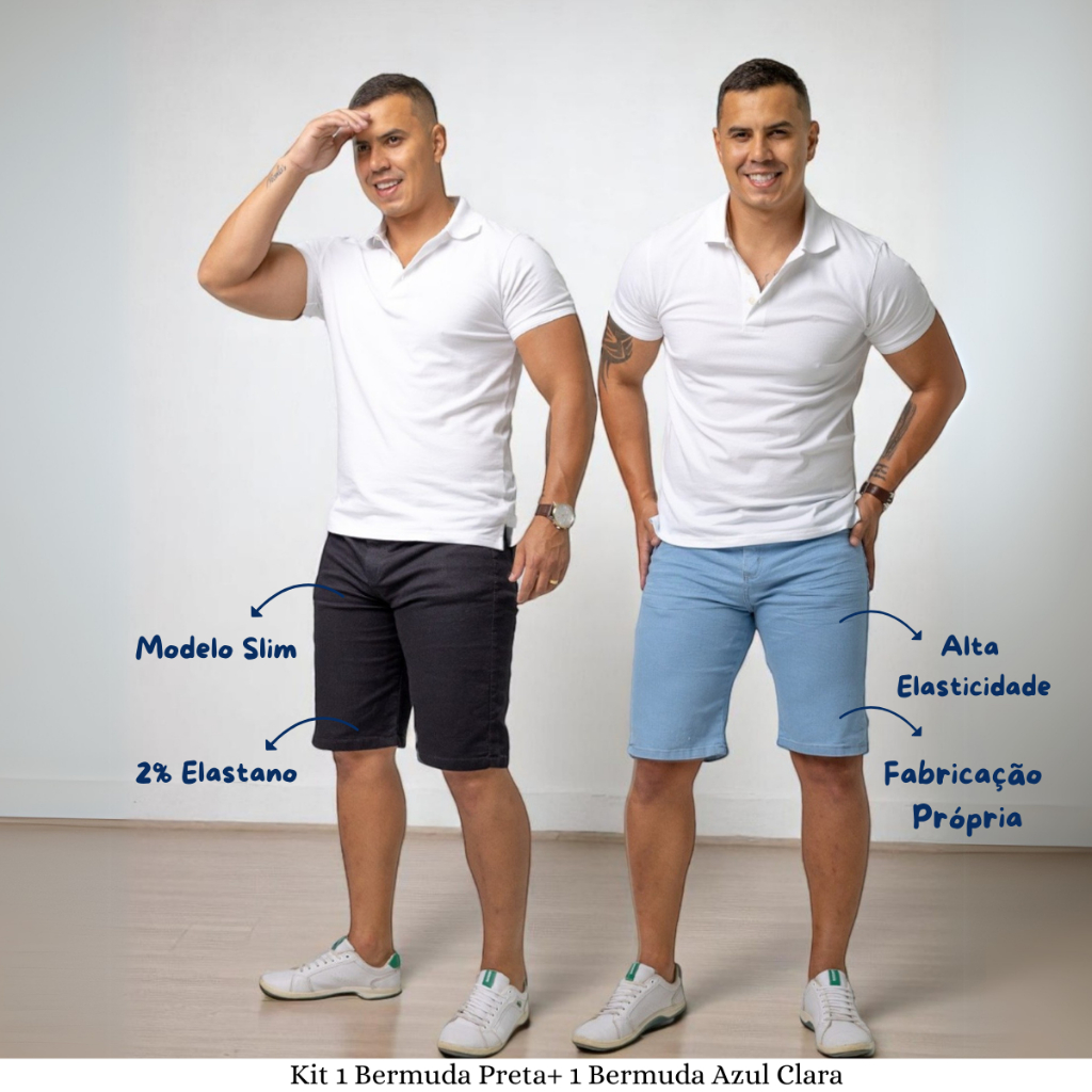 KIT 2 Bermudas Masculinas Jeans Lycra Elastano Shorts Masculino Verão Moda 2025 Casual Premium