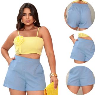 Short Feminino Casual com Bolsos Laterais e Elástico nas Costas Confortável e Estiloso em Oferta na Shopee