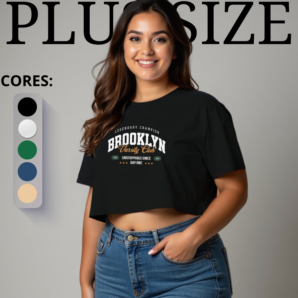 Cropped Plus Size Feminino Blusa Camiseta T Shirt Moda Casual Estilosa Roupa Tamanho Grande Look estamp Brooklyn Varsity