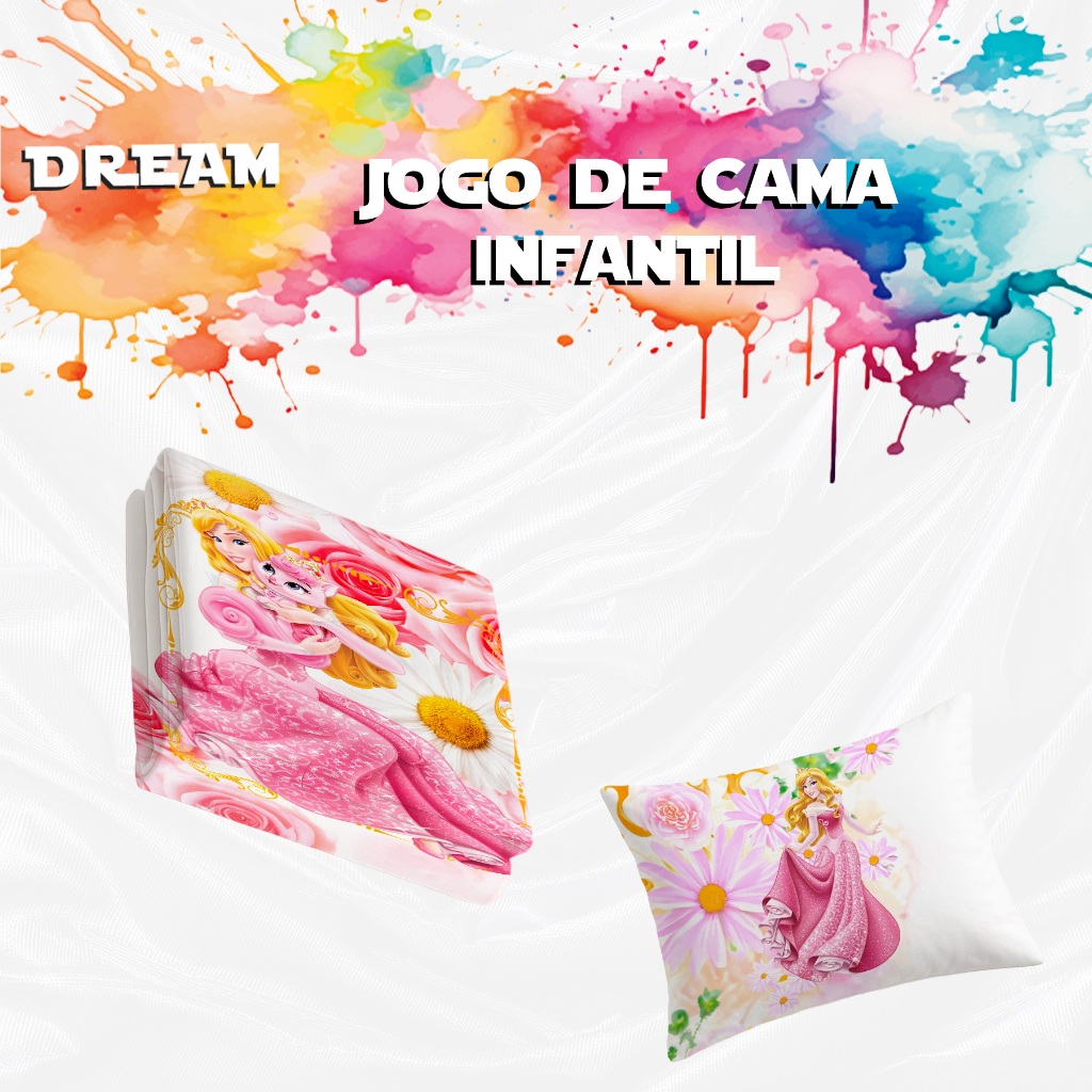 Kit Lençol + fronha Roupa de Cama Tema Aurora Bela Adormecida Princesa Rosa Florido Menina