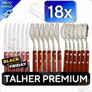 Jogo de Talheres 18/9 peças Em Cabo De Madeira de Aço Inox Facas Garfos de Mesa Colheres