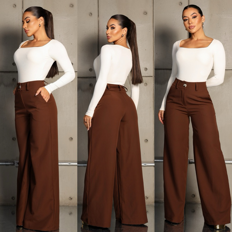 Calça social pantalona alfaiataria premium cintura alta feminina moda elegante lançamento em Oferta na Shopee