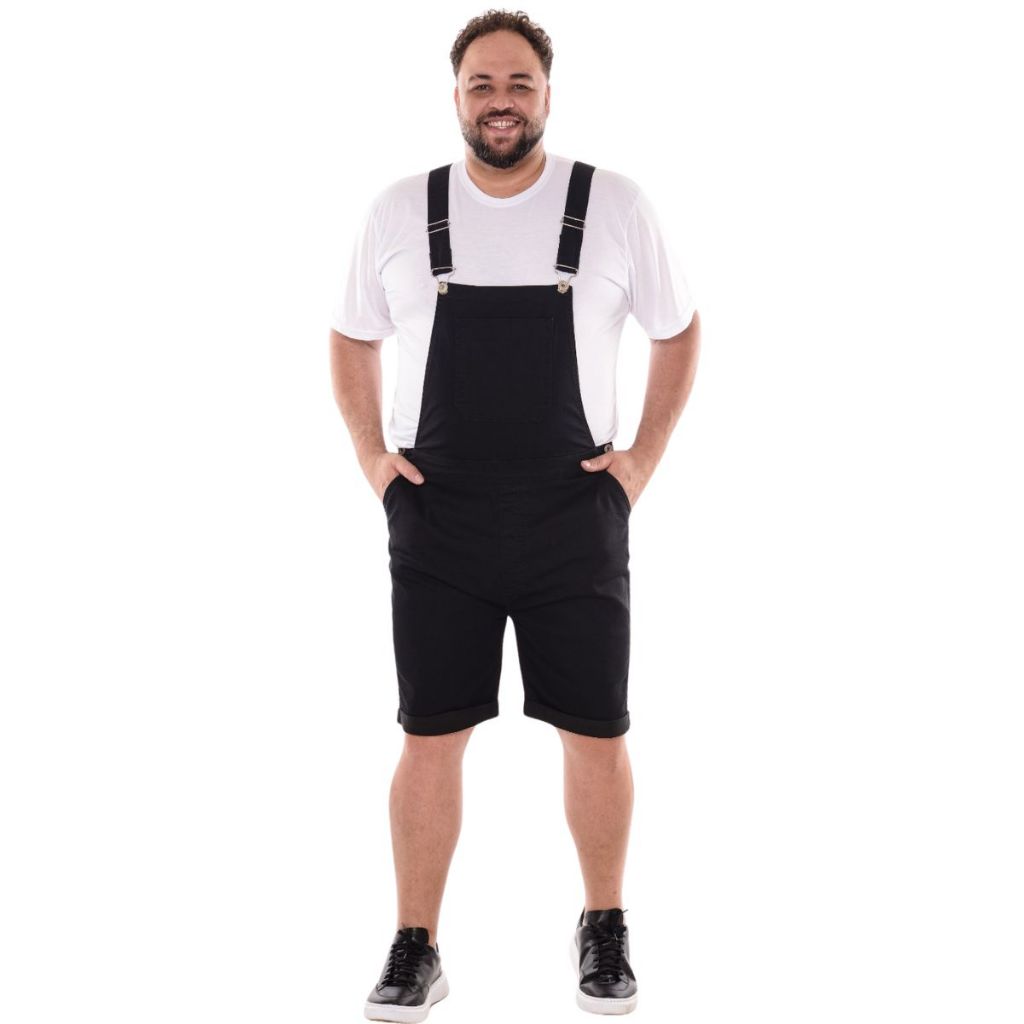 Macacão Jardineira Preto Curto Sarja Masculino Plus Size