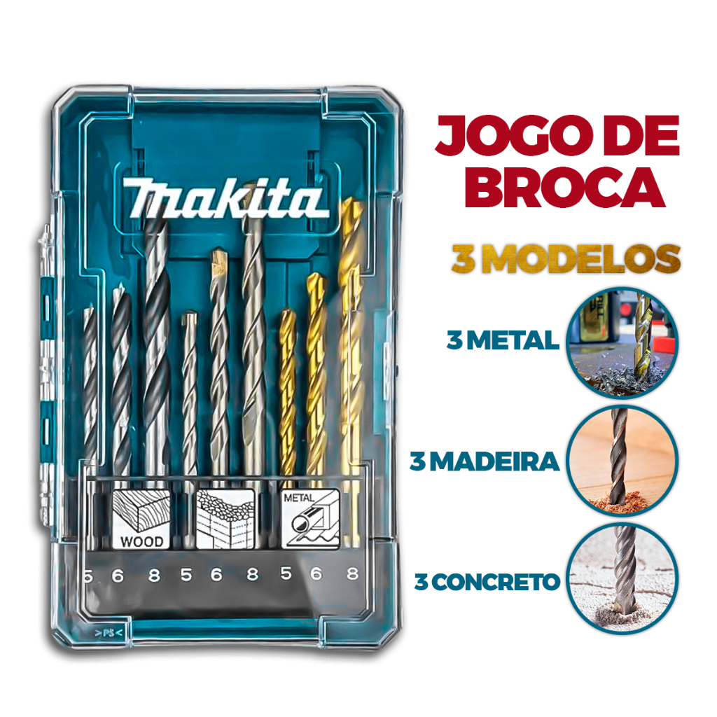Jogo de Brocas Makita com 9 Peças para Metal Concreto e Madeira de 5, 6 e 8mm para Pedreiros