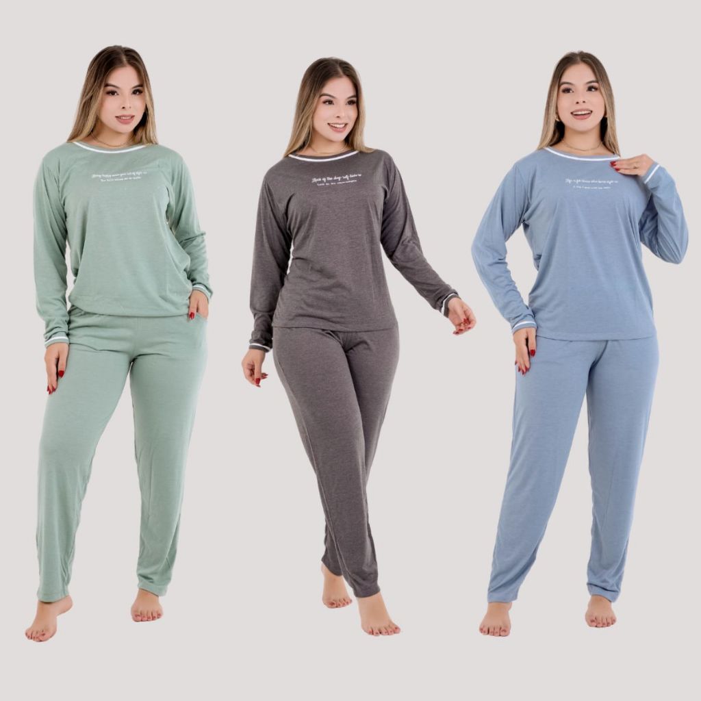 Pijama Feminino de Frio Adulto Inverno Manga Longa Calça Comprida Elegante Quentinho