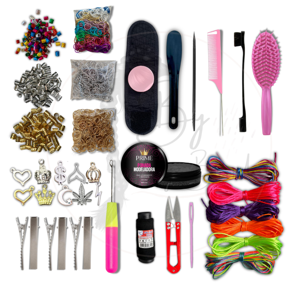 Kit Completo Trancista 356 acessórios p/ tranças Aneis Argola Fio de Cetim Pingentes Pente Pomada Mousse Agulhas