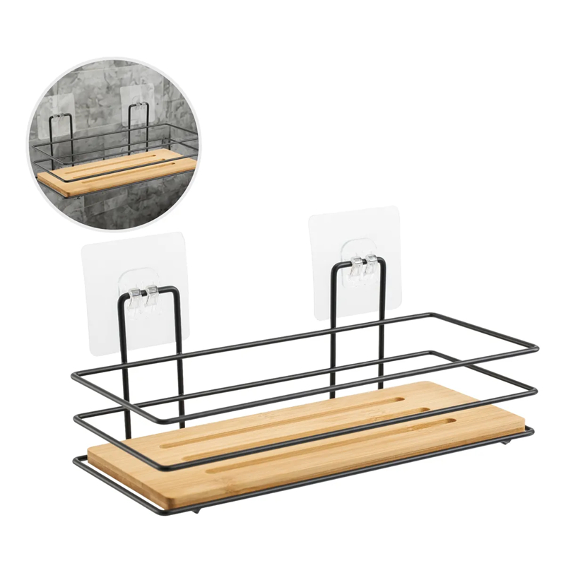 Suporte Porta Shampoo Aço Com Base De Bambu Com Ventosa Para Parede Sem Furos