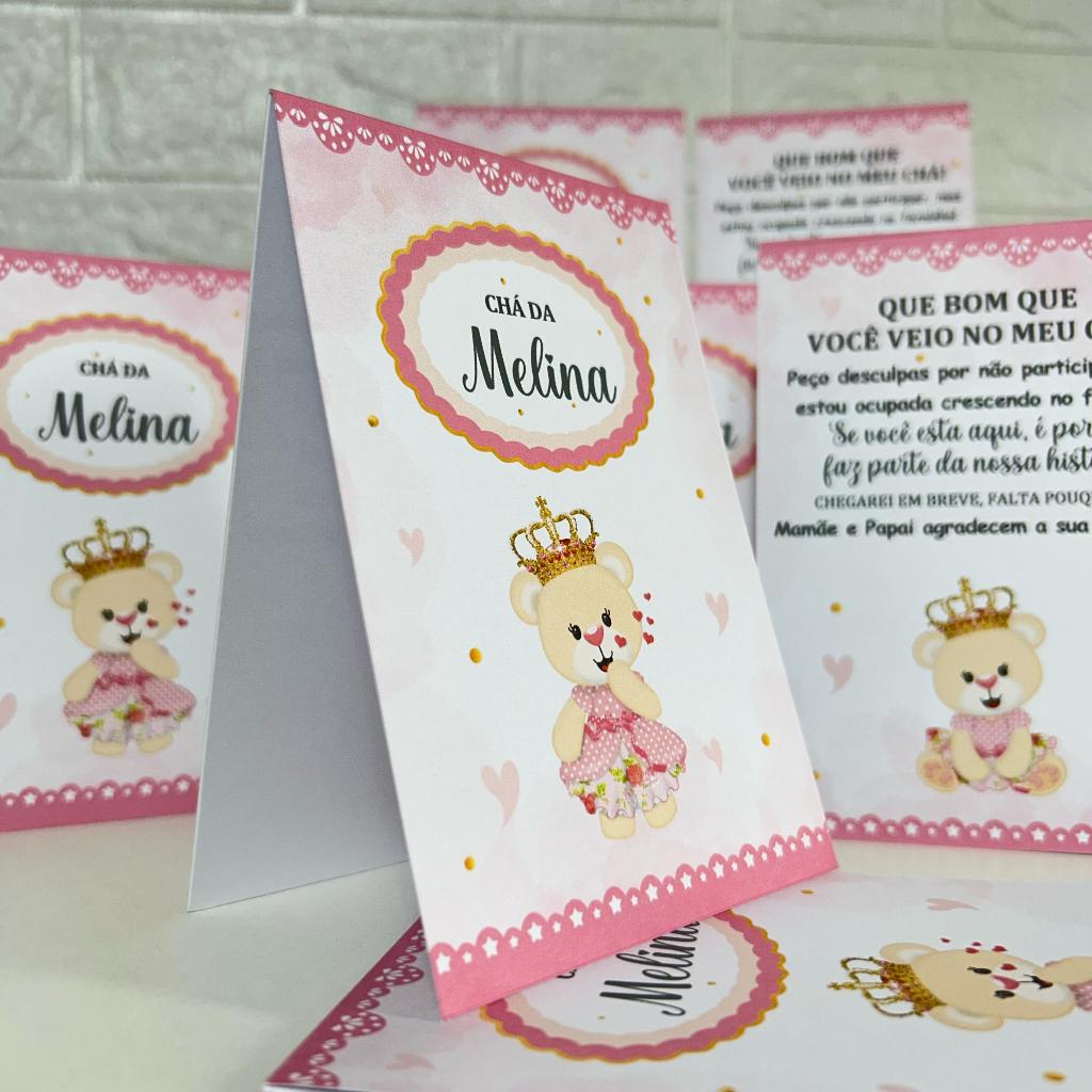 Centro de mesa agradecimento personalizado enfeite plaquinha Ursinha Chá de Bebê fraldas ursinha princesa realeza coroa