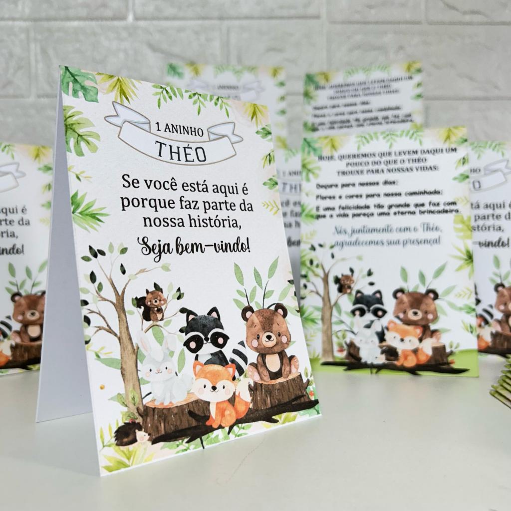 Centro de mesa personalizado enfeite plaquinha decoração aniversário festa infantil menino animais no bosque encantado