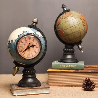 Globo Terrestre Político Decorativo de Resina com Relógio Numeros Romanos Decoração Mesa Escritório
