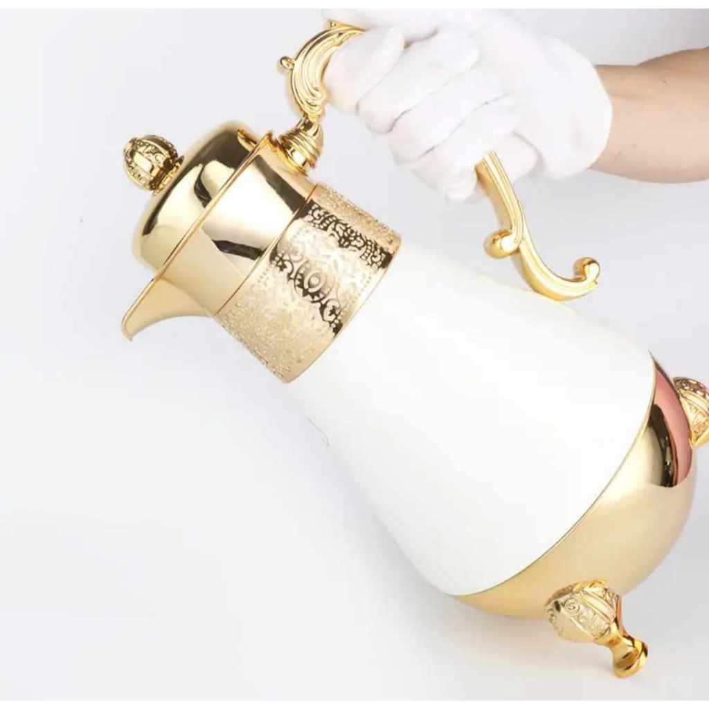 Garrafa Térmica Luxo Branca com Dourado La Francesa 1L Estilo Árabe modelo Pezinho