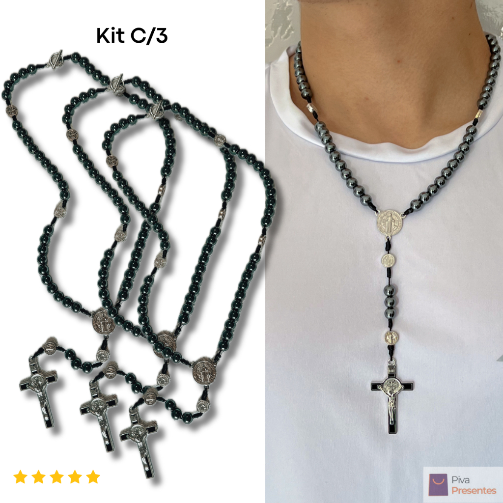 Kit 3 Terço Pescoço Rosário São Bento Hematita Proteção Fé Católica Colar Unissex Premium Artigo Religioso