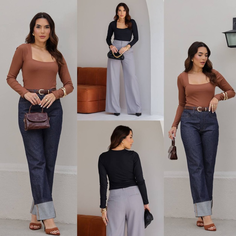 Blusa Feminina Manga Longa Decote Quadrado – Tecido Canelado Ribana Inverno Moda Frio Tendência