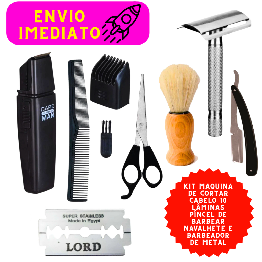 Kit 09 Peças  Máquina de Cortar Cabelo Com Tesoura Pente Escova Para Limpeza Navalhete 10 Lâminas