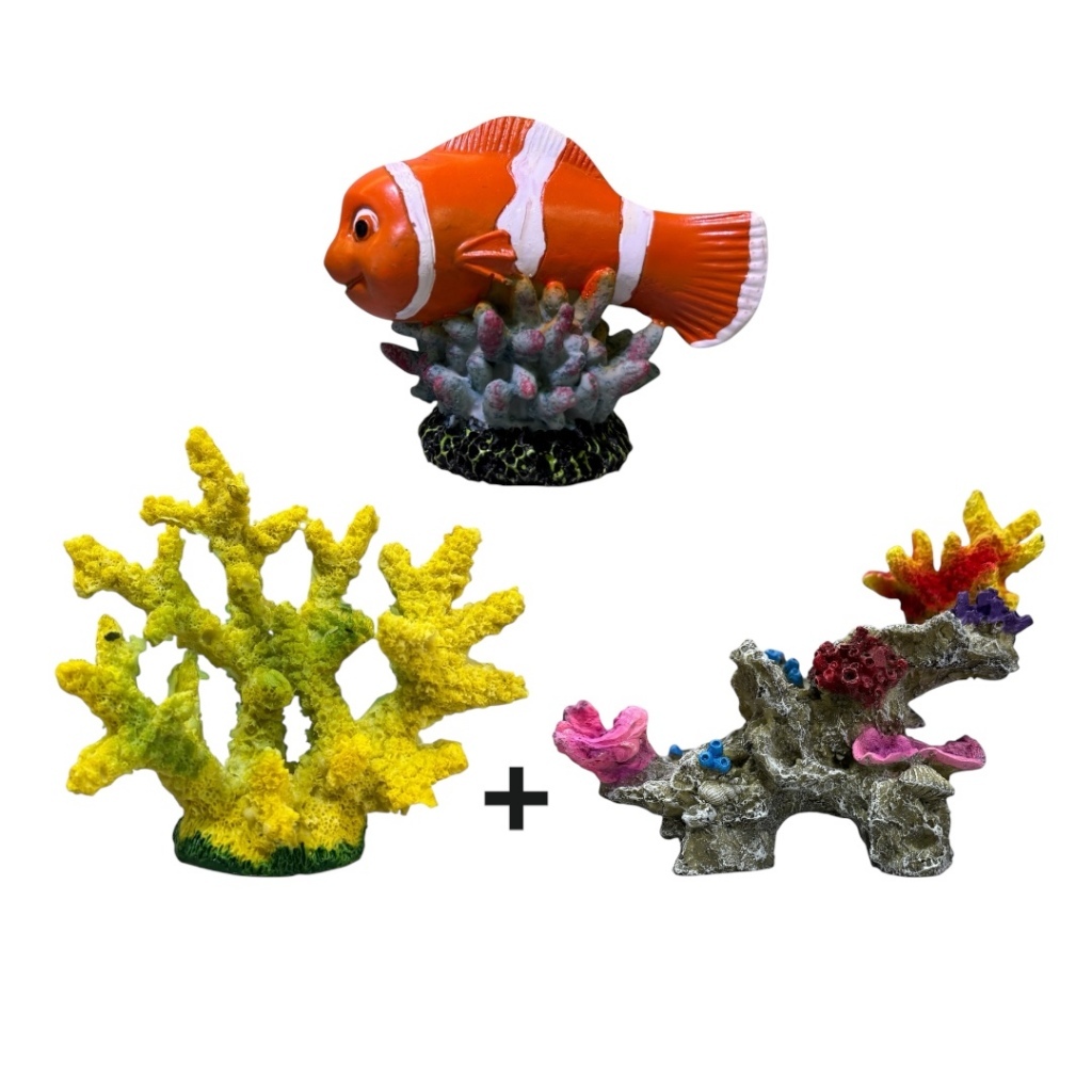 KIT COM 03 ENFEITES PARA AQUÁRIO - PEIXE PALHAÇO, CORAL AMARELO E ROCHA COM CORAL.