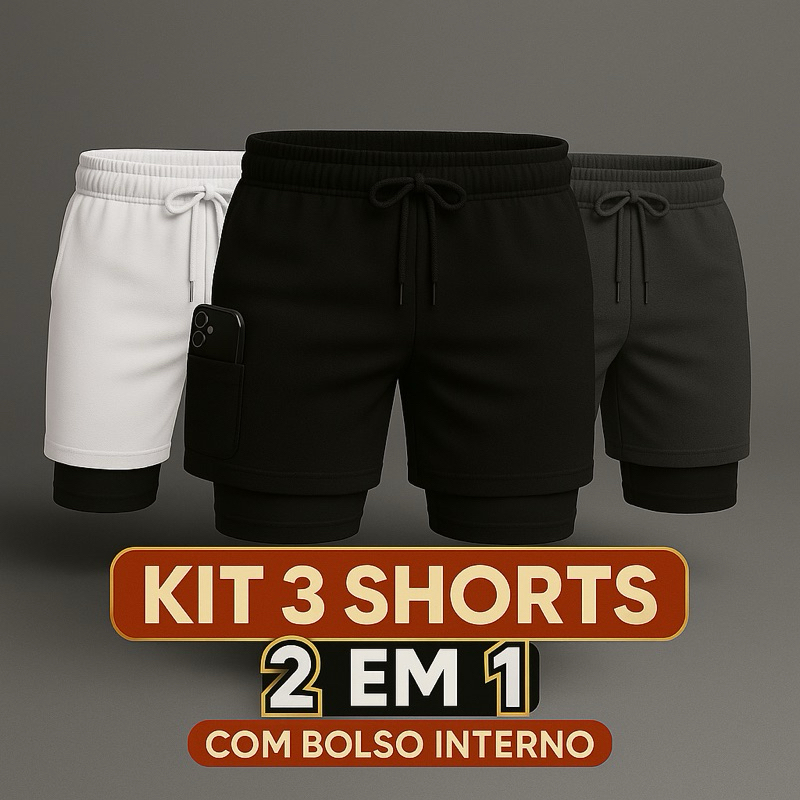 Kit 3 Shorts Bermuda 2 em 1 Masculino Dry Segunda Pele Bolso Interno Academia Corrida Casual