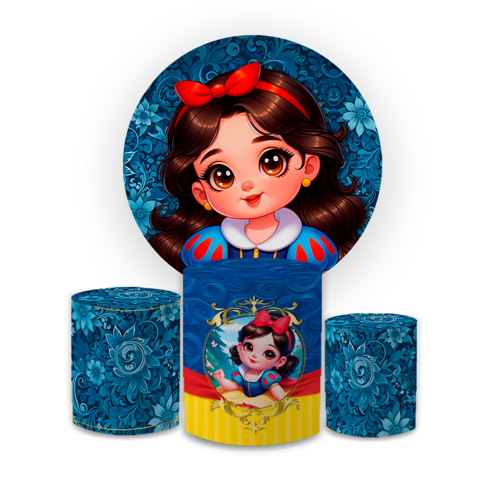 Capa Paineis de Festa Redondo+ Cilindros Sublimados Malha New Tema Brnca de Nve Decoração Infantil