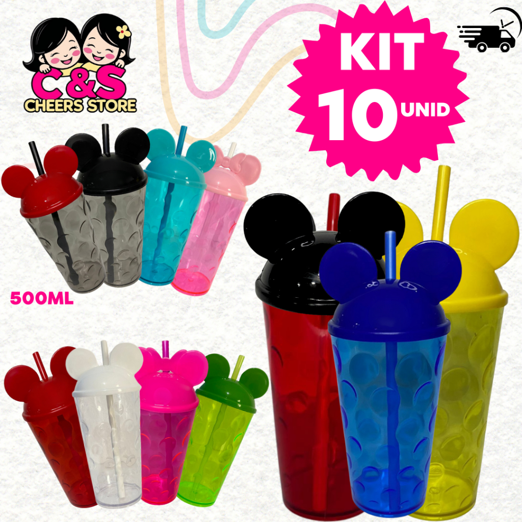 Kit apartiir de 10 Copos Com Tampa Orelha Mickey e Canudo 500 ML Festa