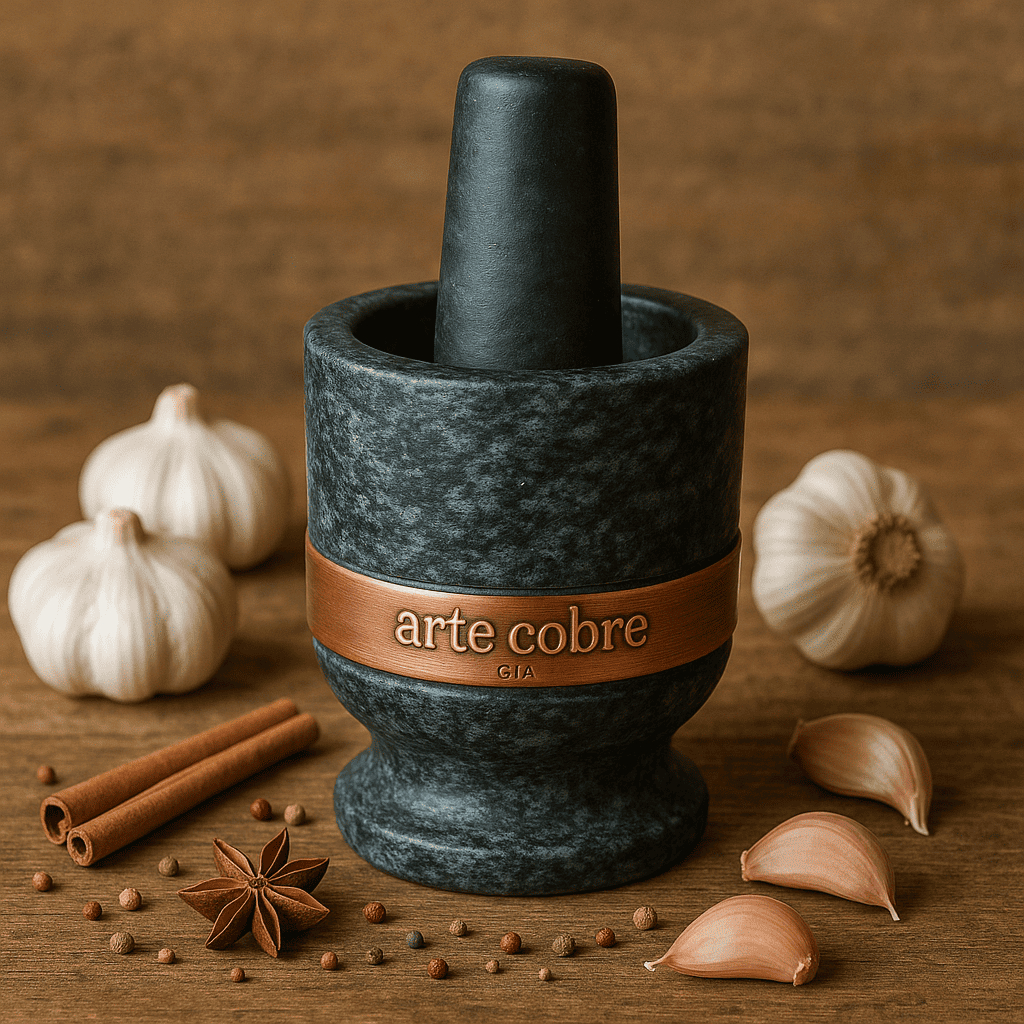 Pilão de Pedra Rústica com Socador Cobre Polido