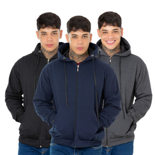 kits 3 Moletom  Com Ziper e Capuz Blusa de Frio  franelado INVERNO LISO CASACO