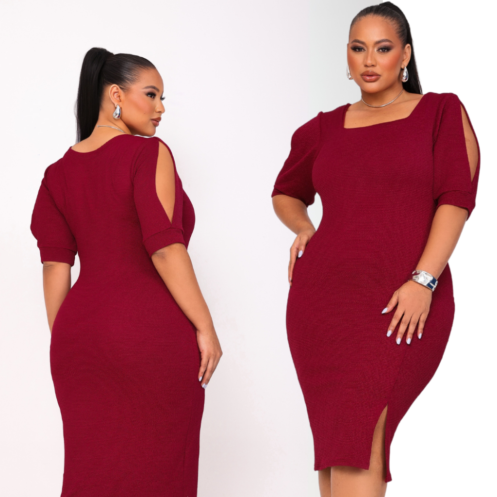 Vestido Midi Feminino Plus Size Moda Evangélica com Fenda e Detalhe no Ombro Forro Duplo GG ao G4