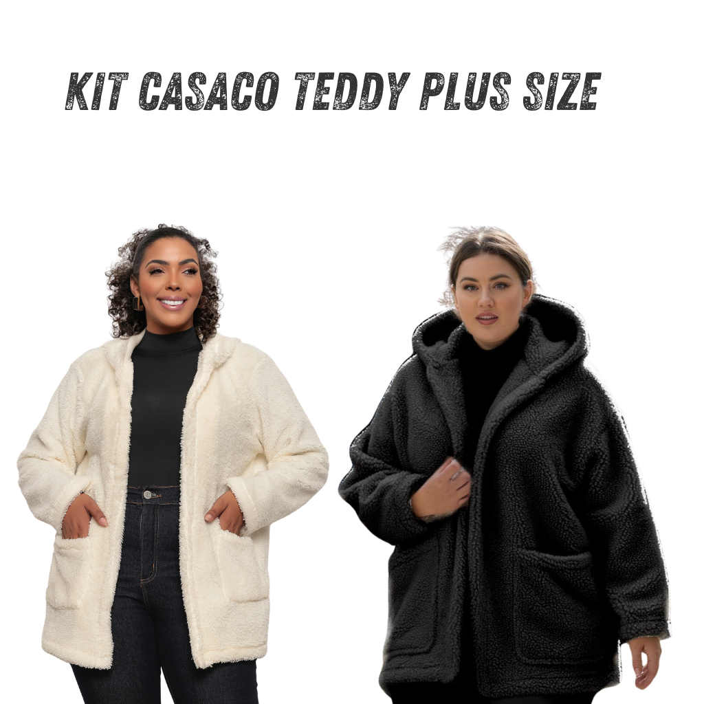 2 Casaco Teddy Feminino Longo Branco Preto Inverno Bear Pelúcia Jaqueta Ted Com Forro Blus...