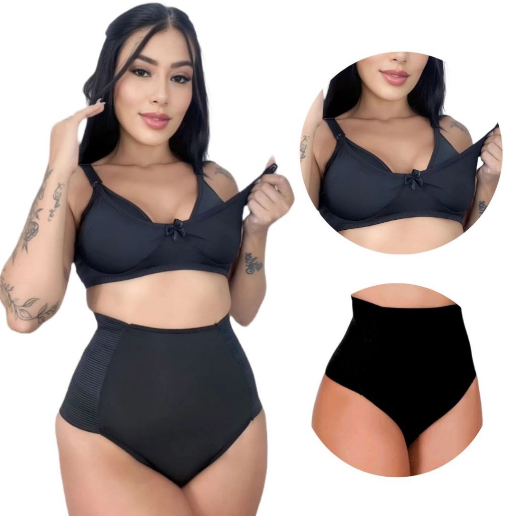 Kit 3 Conjunto Sutiã Amamentação + Calcinha Compressora Modeladora cós alto pós Cesária maternidade em Oferta na Shopee