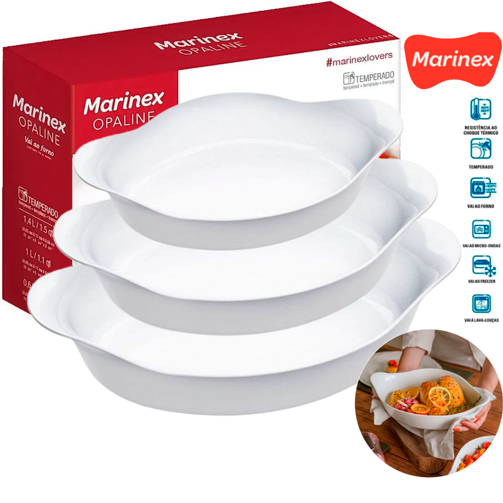 Kit 03 Assadeiras Opaline marinex PMG Travessa Forma Vidro Branco Brilhante Resistente Gourmet