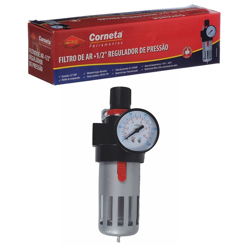 Filtro de Ar Entrada de 1/2 Com Regulador De Pressão Corneta Para Compressor