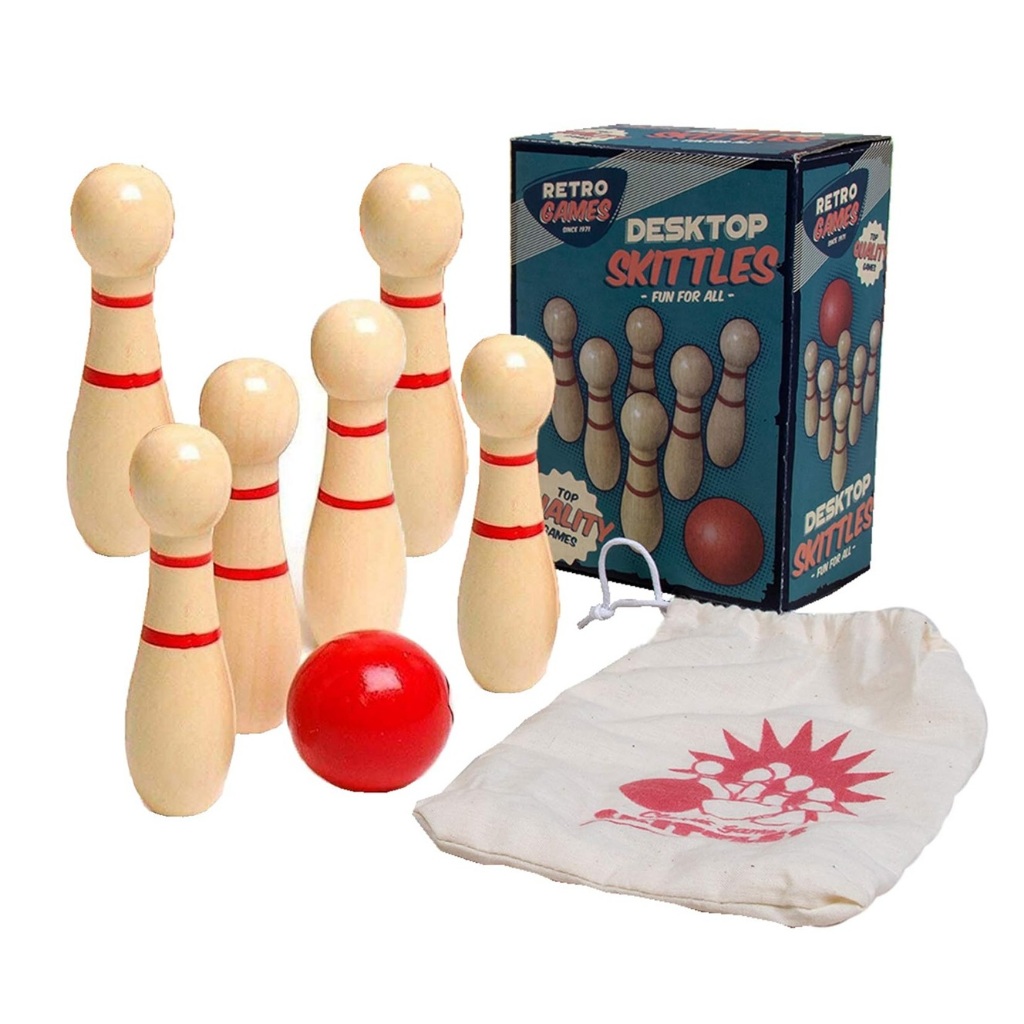 Jogo de Mini Boliche 6 Pinos 15cm de Madeira + Bolinha - Desktop Skittles Retro Games Infantil