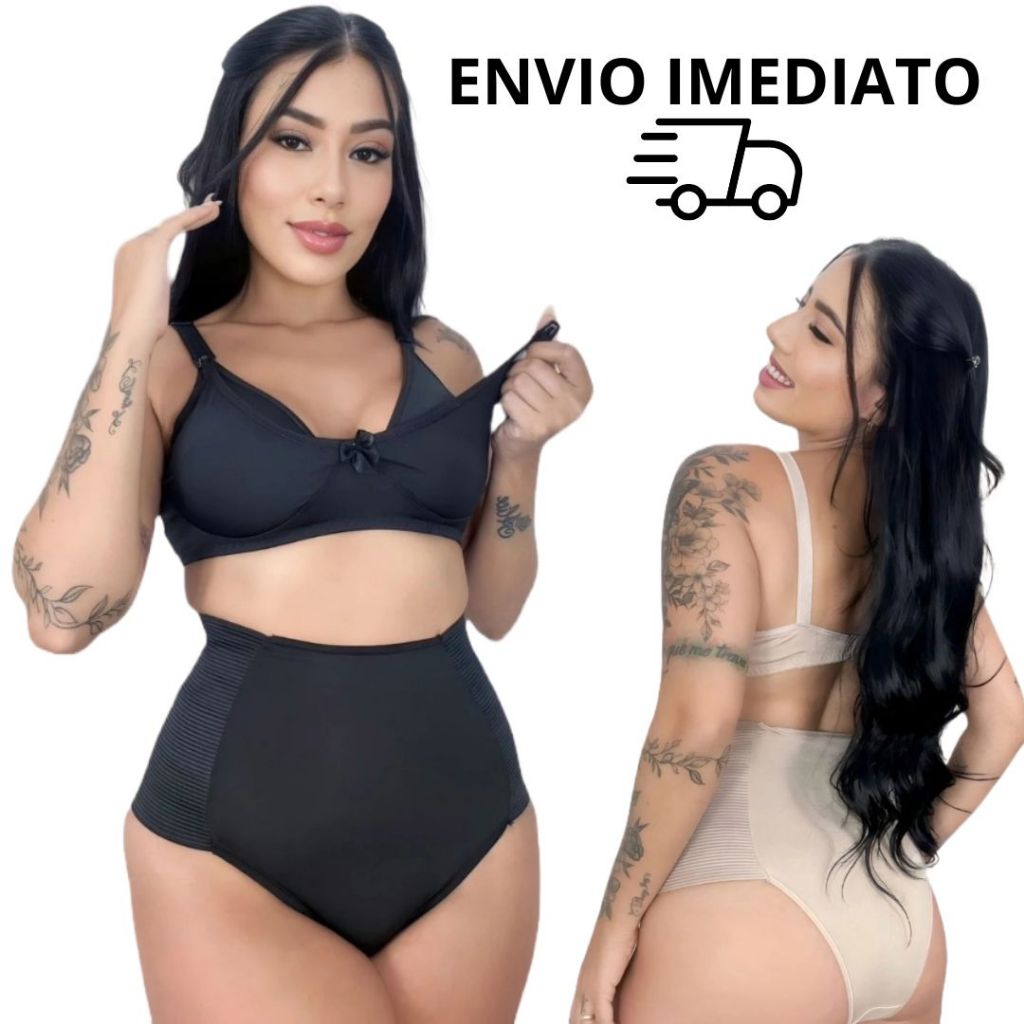Kit Pós Parto 2 Sutiãs Amamentação + 2 Calcinha cós alto micro fibra reforçado pós Cesária