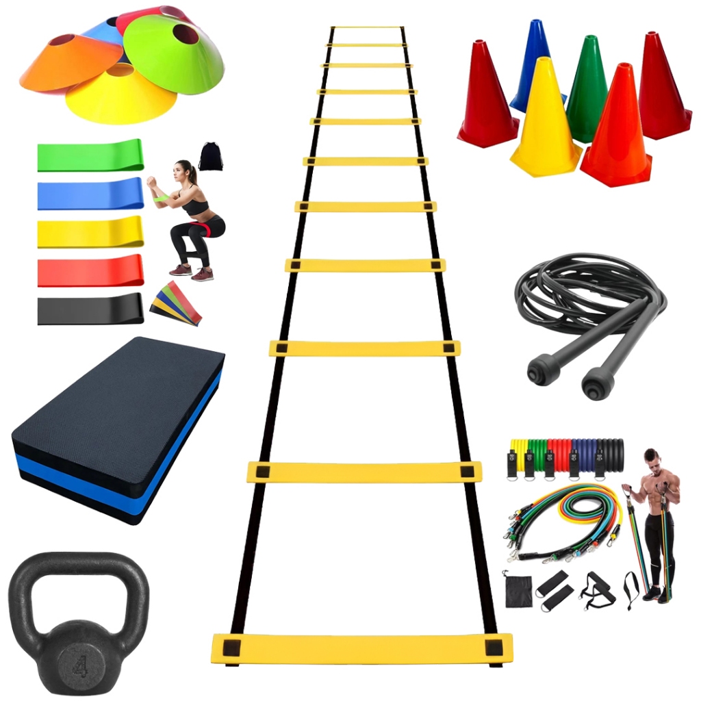 Kit Treino Funcional Completo  Agilidade em Casa  Escada Step EVA, Mini Band Corda Kettlebell 4kg