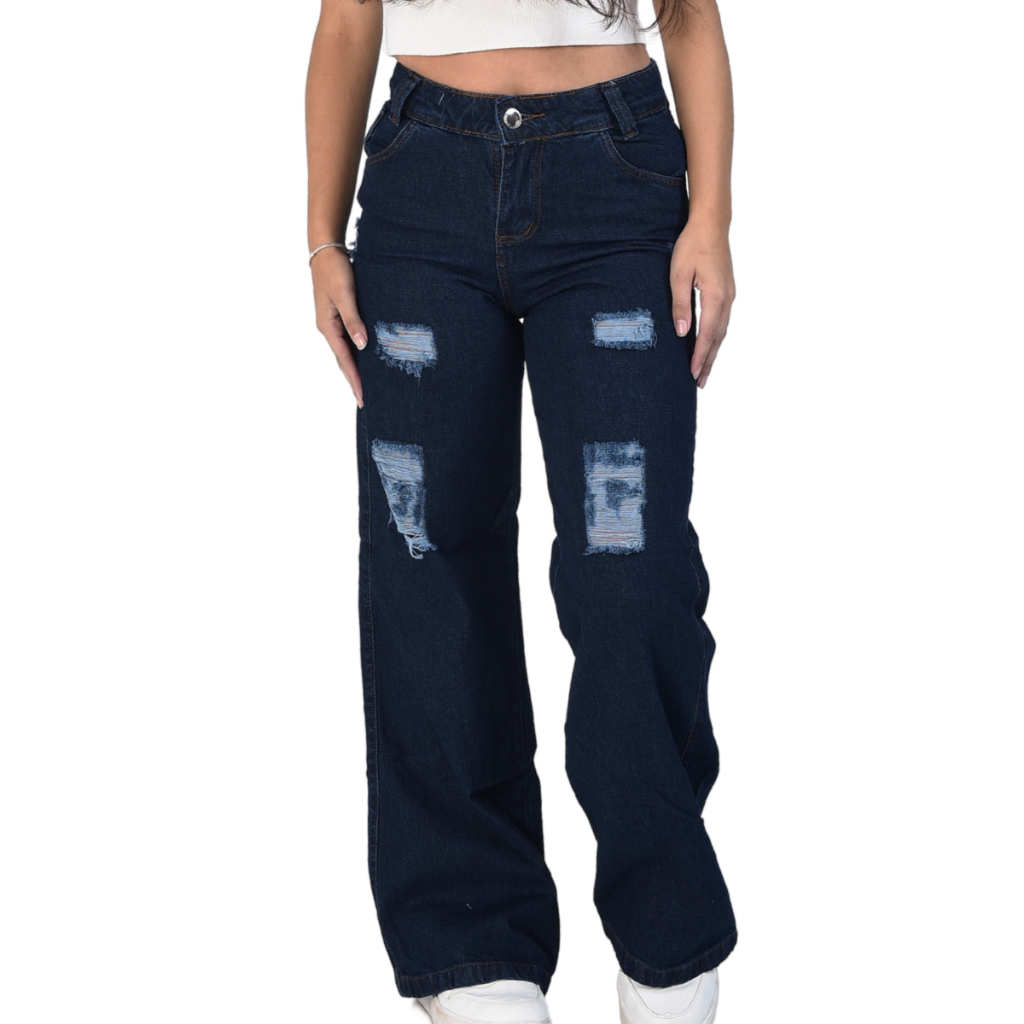 Calça jeans pantalona wide leg de menina com destroyed 10 a 16 anos ESCURA